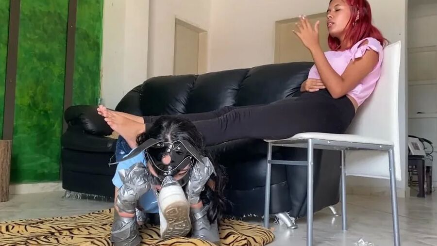 Ball Gagged Bunny Slave Used As Footrest By Mistress