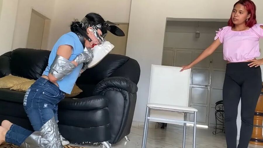 Ball Gagged Bunny Slave Used As Footrest By Mistress