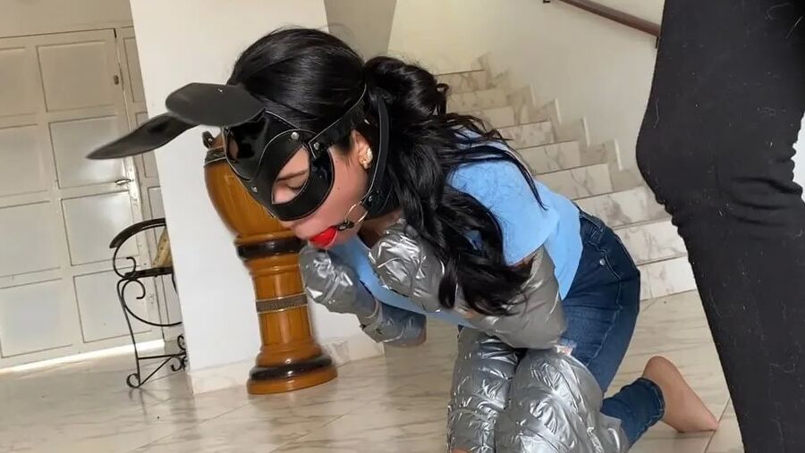 Ball Gagged Bunny Slave Used As Footrest By Mistress