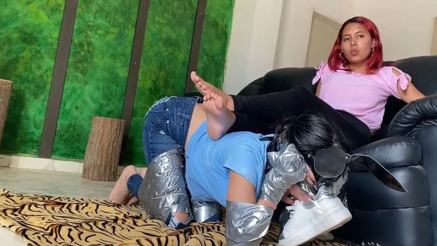 Ball Gagged Bunny Slave Used As Footrest By Mistress