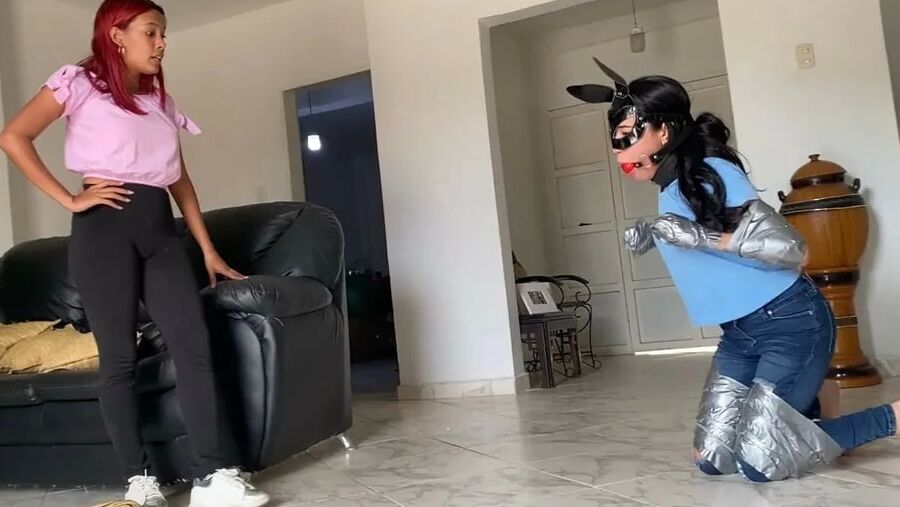 Ball Gagged Bunny Slave Used As Footrest By Mistress