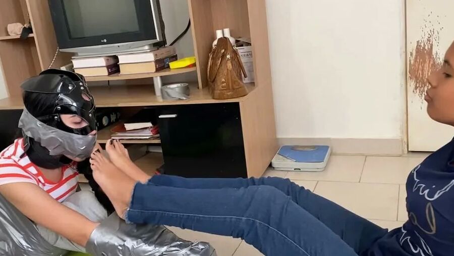 Gagged Bondage Girl Smelling Mistress Sweaty Feet