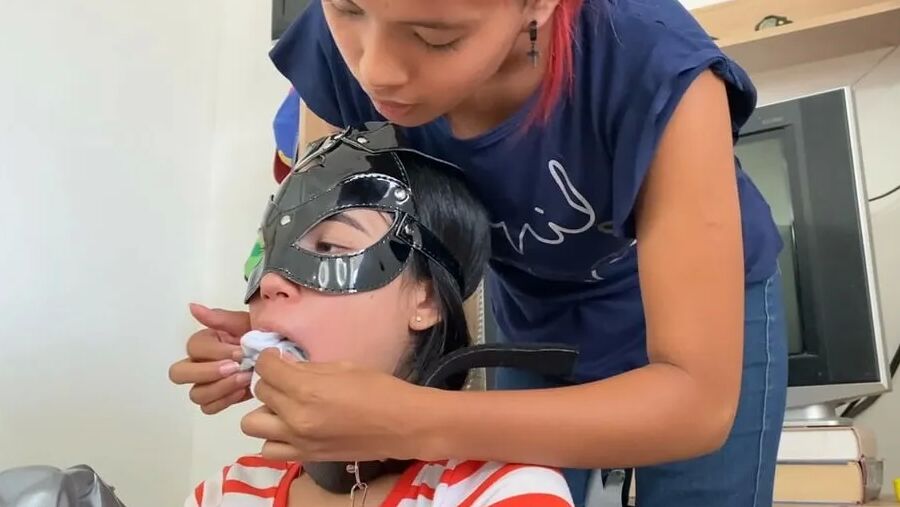 Gagged Bondage Girl Smelling Mistress Sweaty Feet