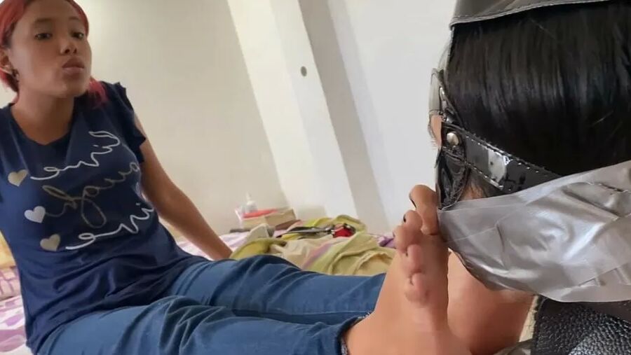 Gagged Bondage Girl Smelling Mistress Sweaty Feet