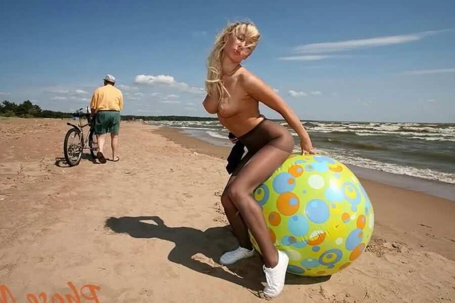 Blonde Hottie At Beach In Pantyhose