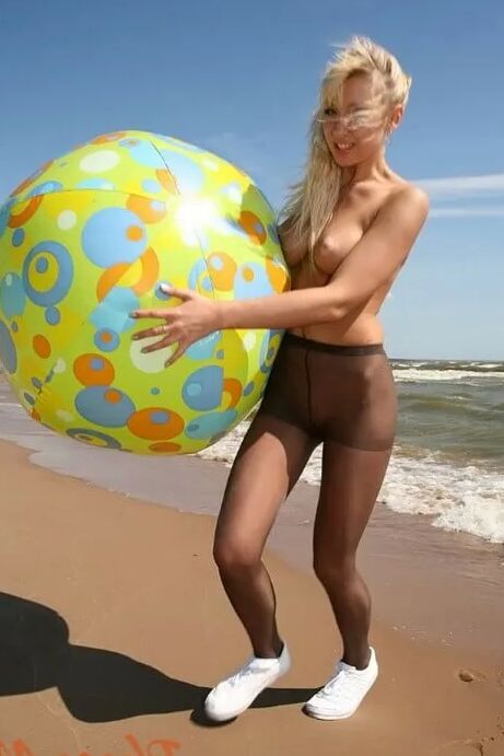 Blonde Hottie At Beach In Pantyhose