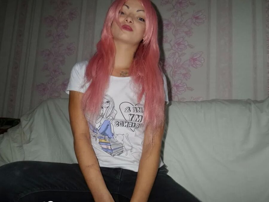 Mesmerizing pink-haired friend shows me her goods