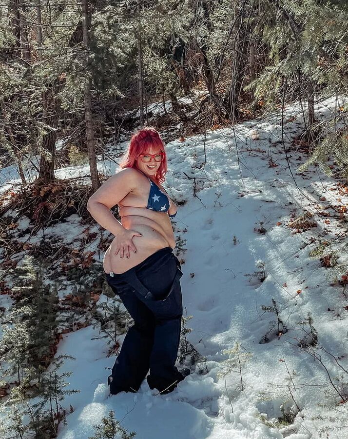 Deeper in the woods Naked and bent over in the snow