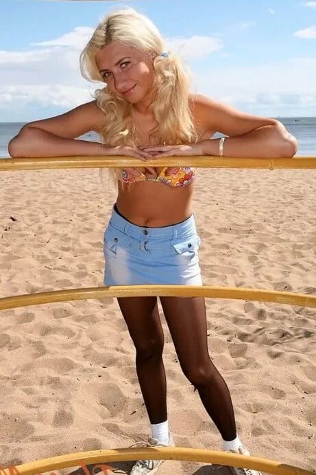 Blonde At The Beach In Jean Skirt, Black Pantyhose