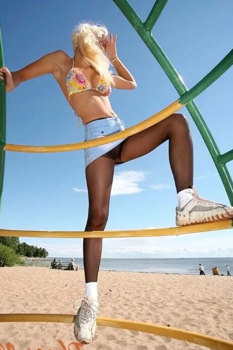 Blonde At The Beach In Jean Skirt, Black Pantyhose