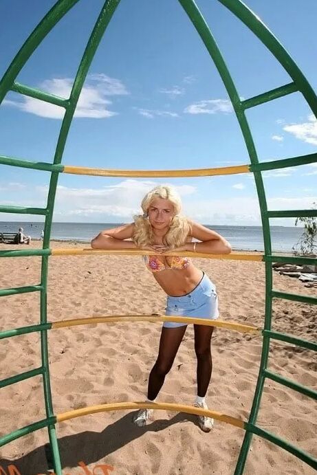 Blonde At The Beach In Jean Skirt, Black Pantyhose