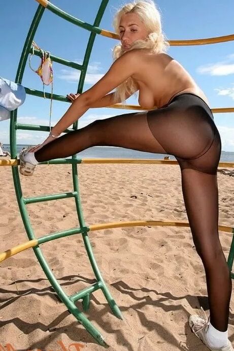 Blonde At The Beach In Jean Skirt, Black Pantyhose
