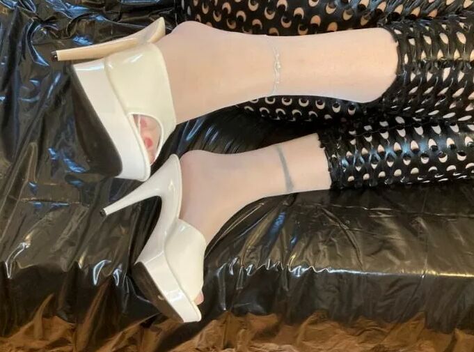 White Mules, Black Leggings