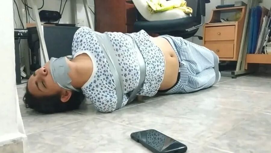 Bound And Gagged Girl Struggles In Her Pajamas - Selfgags