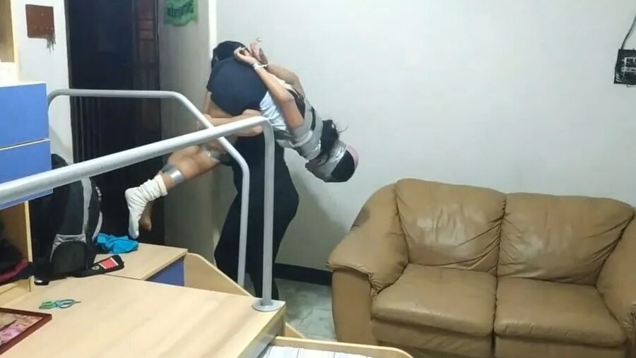 Panty Hooded Girl Gagged With Socks And Tape