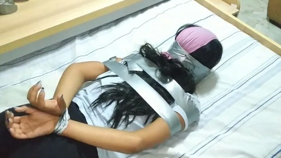 Panty Hooded Girl Gagged With Socks And Tape