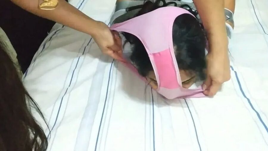 Panty Hooded Girl Gagged With Socks And Tape