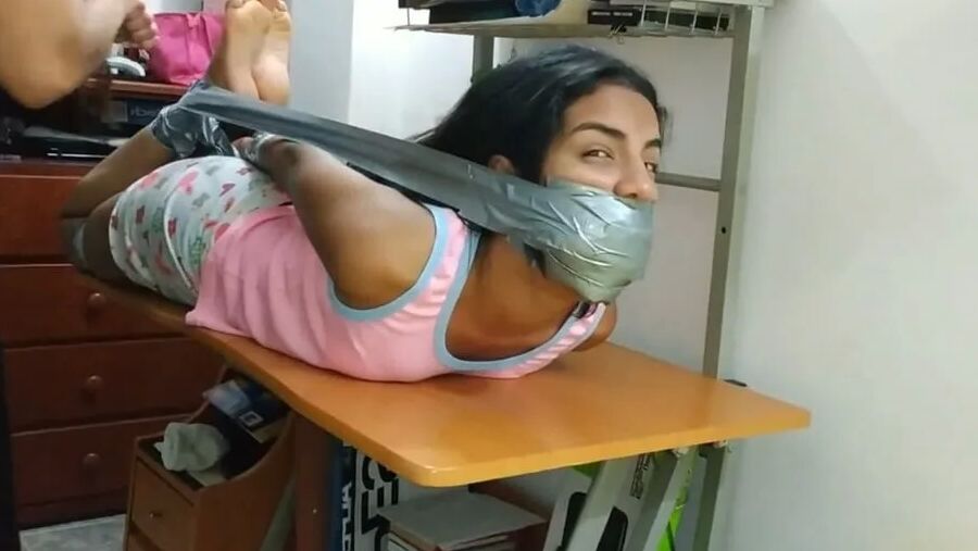 Babysitter Hogtied With Shoe Tied To Her Face - Selfgags