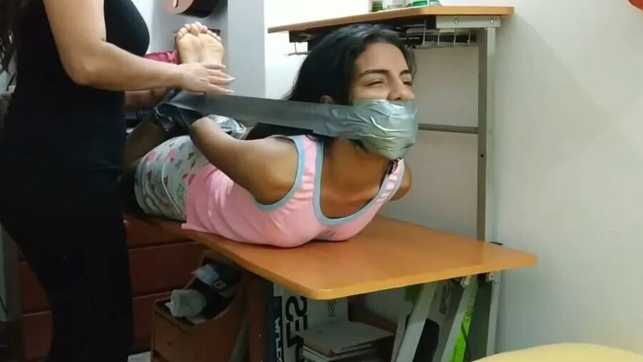 Babysitter Hogtied With Shoe Tied To Her Face - Selfgags