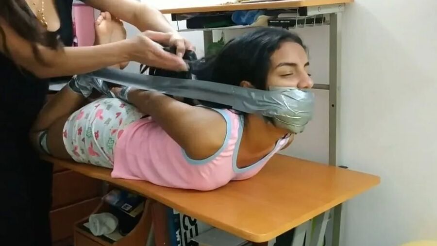Babysitter Hogtied With Shoe Tied To Her Face - Selfgags