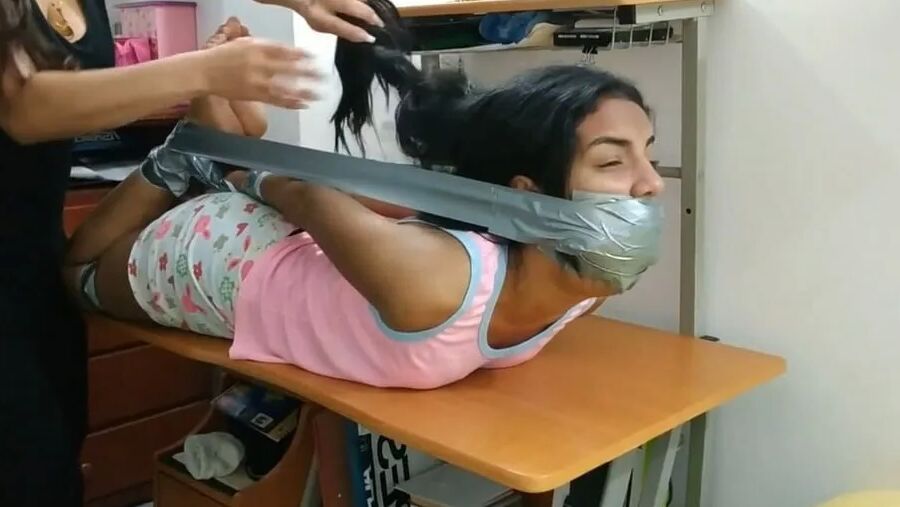 Babysitter Hogtied With Shoe Tied To Her Face - Selfgags
