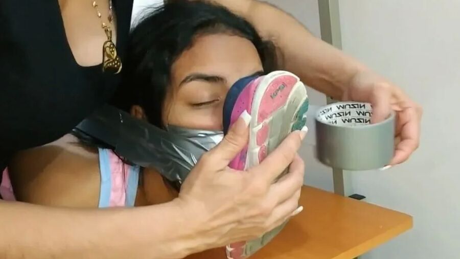 Babysitter Hogtied With Shoe Tied To Her Face - Selfgags