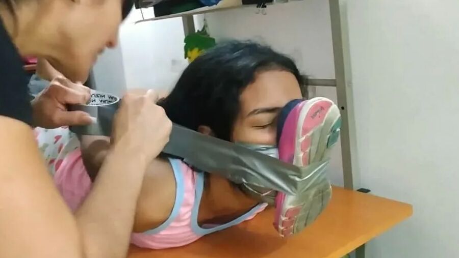 Babysitter Hogtied With Shoe Tied To Her Face - Selfgags