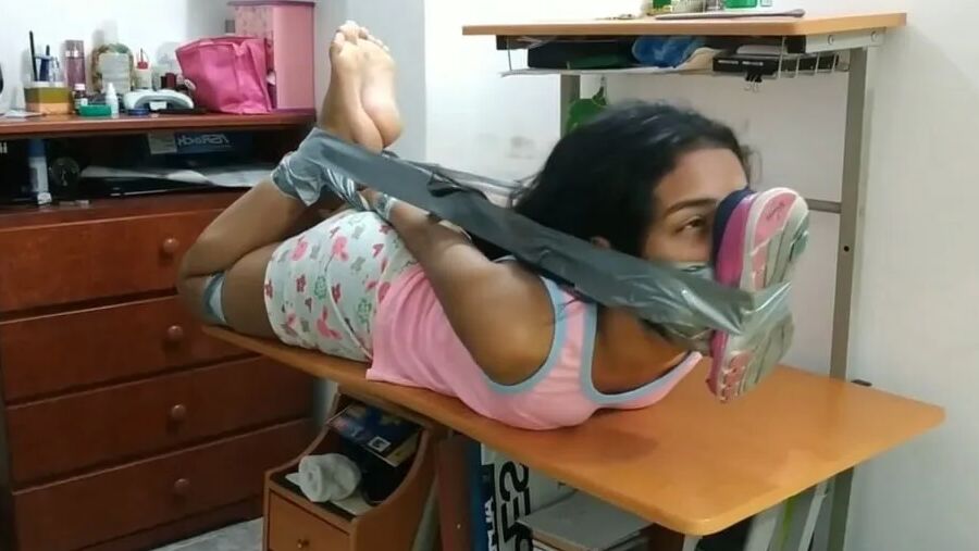 Babysitter Hogtied With Shoe Tied To Her Face - Selfgags
