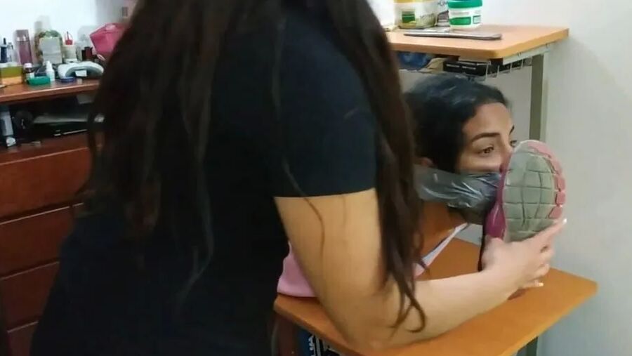 Babysitter Hogtied With Shoe Tied To Her Face - Selfgags