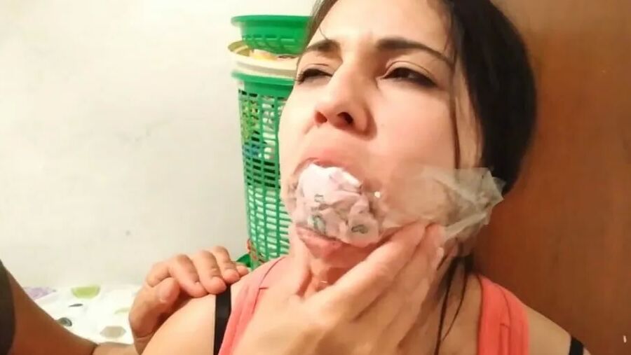 Gagged With 6 Socks And Clear Tape Gag - Selfgags