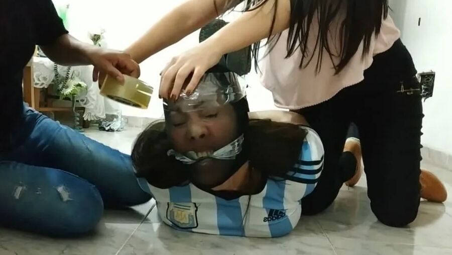 Gagged Woman Hogtied With Pantyhose Encasement - Selfgags