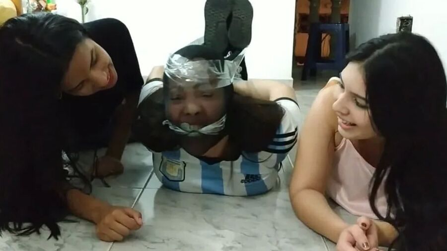 Gagged Woman Hogtied With Pantyhose Encasement - Selfgags