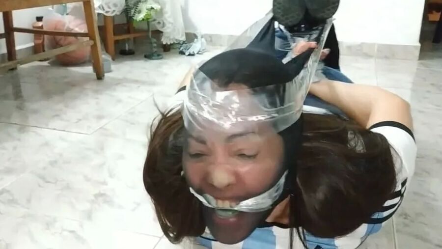 Gagged Woman Hogtied With Pantyhose Encasement - Selfgags
