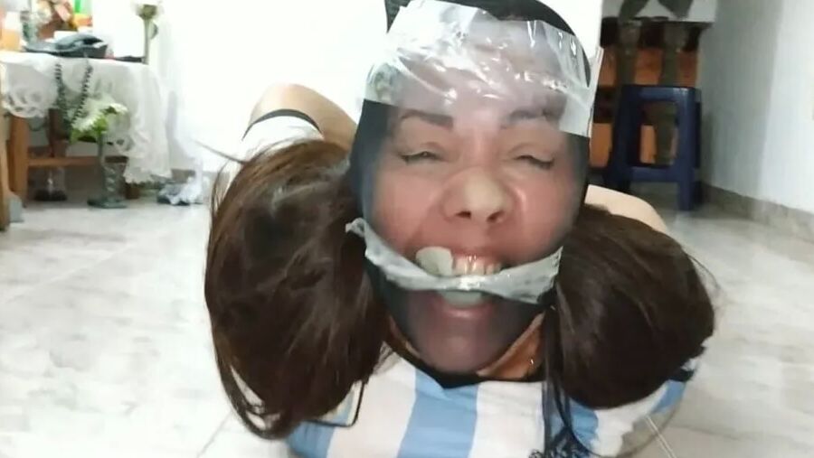 Gagged Woman Hogtied With Pantyhose Encasement - Selfgags