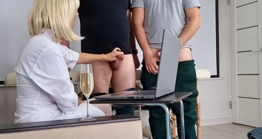 Sperm donation at the doctor's office. Nurse helps two men c