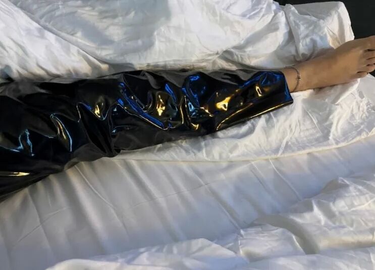 Black vinyl masturbation