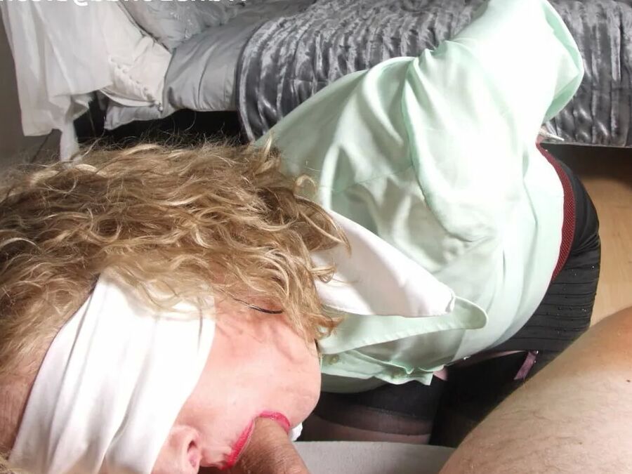 Sucking cock whilst in scarf and rope bondage for Bhowani.