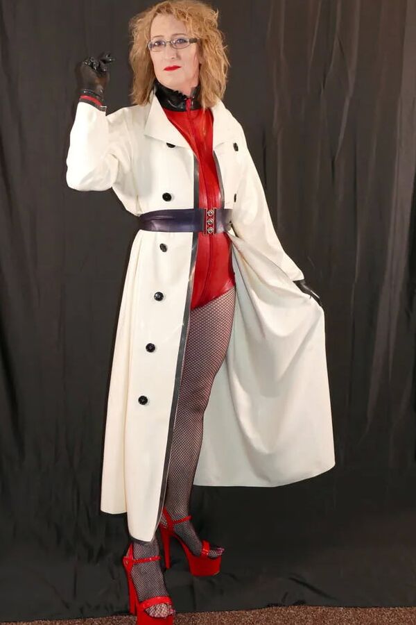 Latex Rubber Mackintosh Coat, Latex Bodysuit and Fishnets