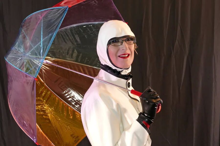 Latex Rubber Mackintosh Coat, Latex Bodysuit and Fishnets