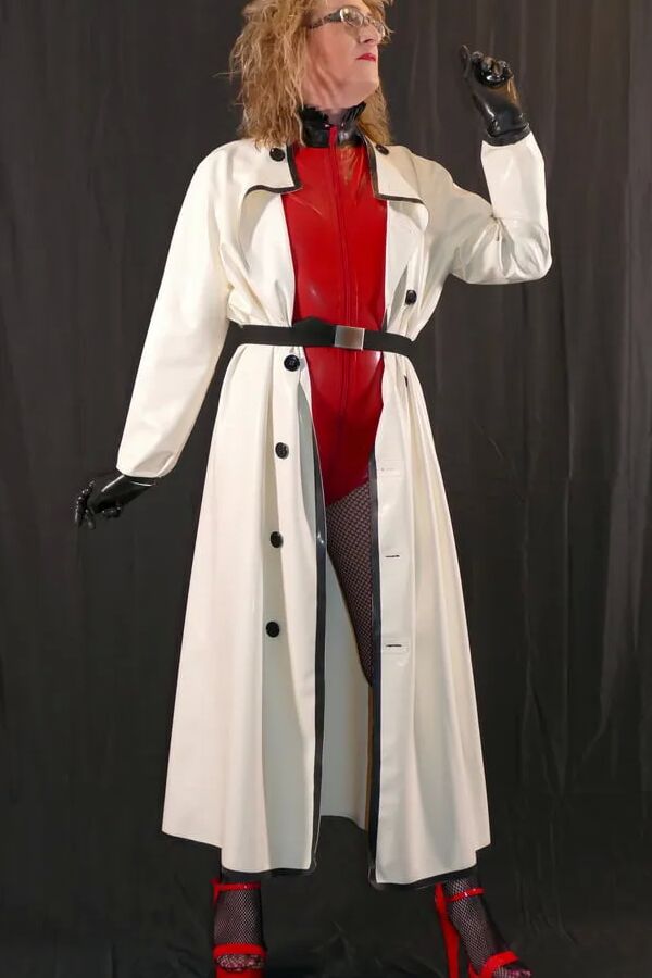 Latex Rubber Mackintosh Coat, Latex Bodysuit and Fishnets