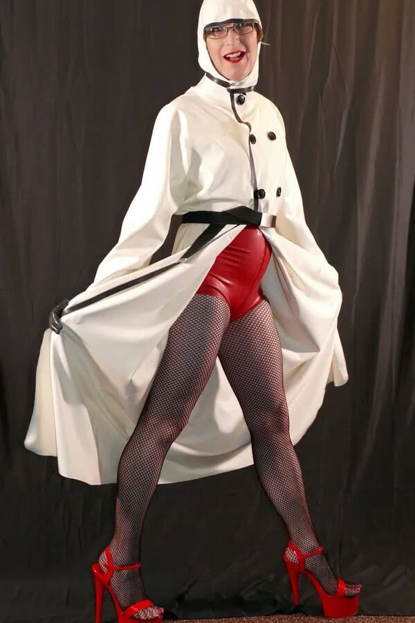 Latex Rubber Mackintosh Coat, Latex Bodysuit and Fishnets