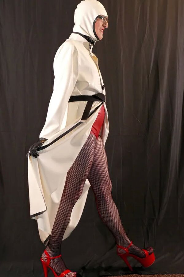 Latex Rubber Mackintosh Coat, Latex Bodysuit and Fishnets