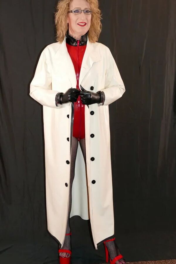 Latex Rubber Mackintosh Coat, Latex Bodysuit and Fishnets