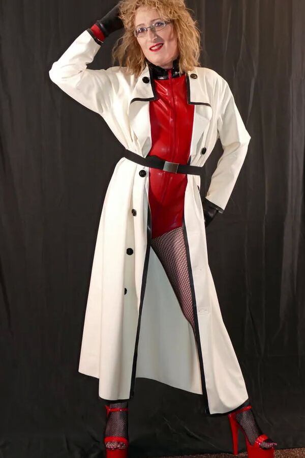 Latex Rubber Mackintosh Coat, Latex Bodysuit and Fishnets