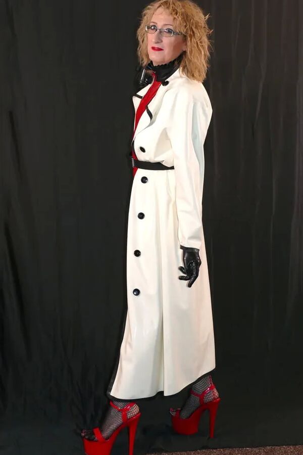 Latex Rubber Mackintosh Coat, Latex Bodysuit and Fishnets
