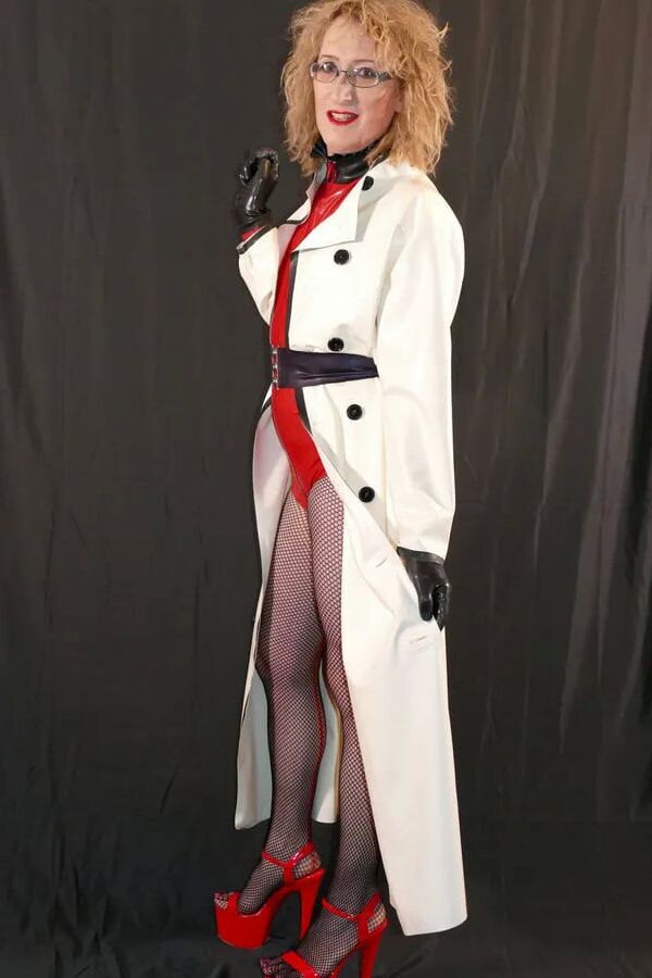 Latex Rubber Mackintosh Coat, Latex Bodysuit and Fishnets