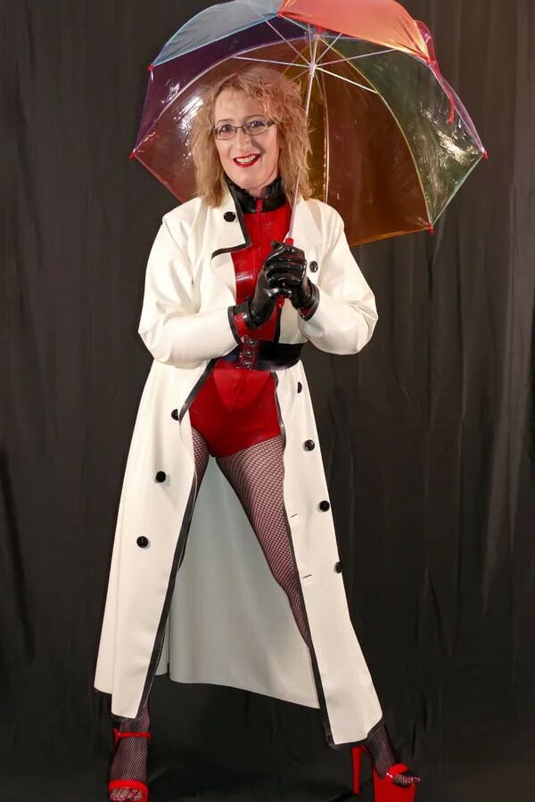 Latex Rubber Mackintosh Coat, Latex Bodysuit and Fishnets