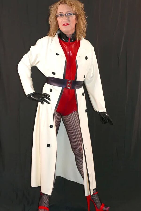 Latex Rubber Mackintosh Coat, Latex Bodysuit and Fishnets
