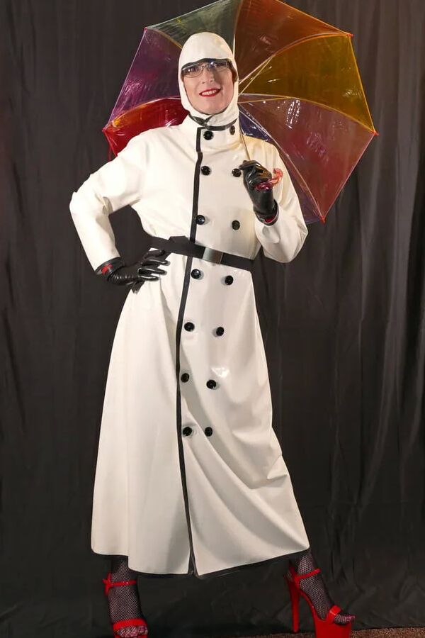 Latex Rubber Mackintosh Coat, Latex Bodysuit and Fishnets