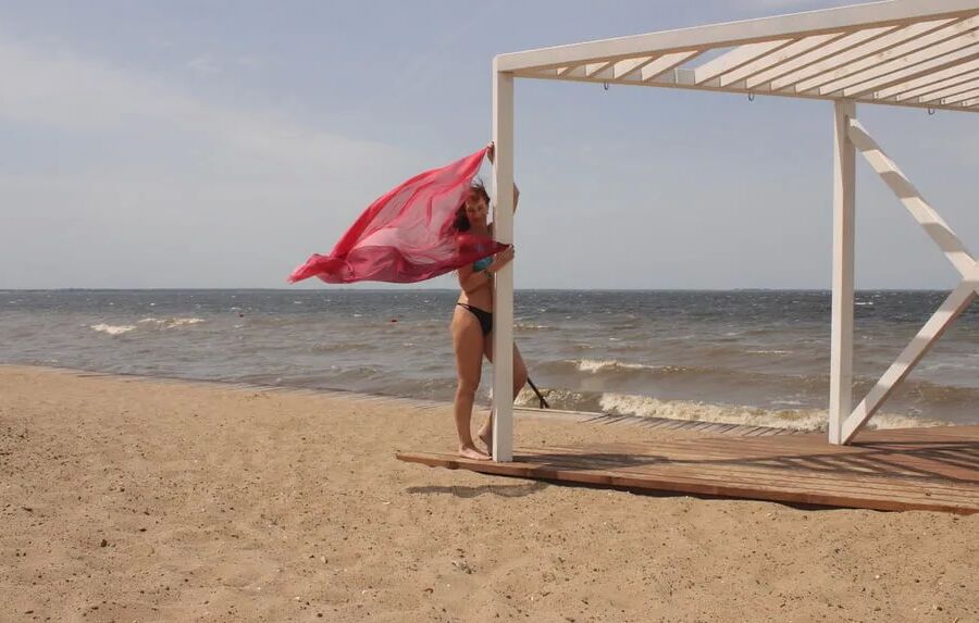 Red Shawl on windy weather